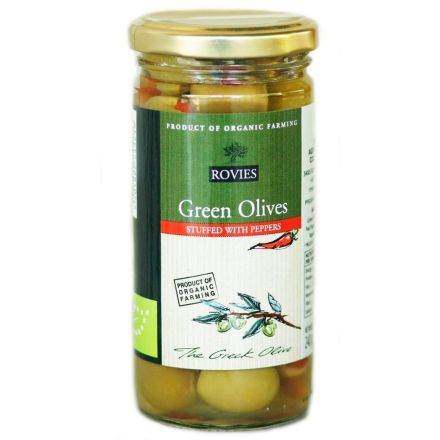 Oliven grønne m/paprika, 200 g, økologisk, Rovies
